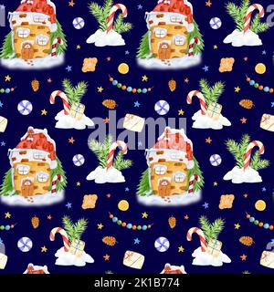 Motif aquarelle Noël hiver sans coutures. Maison de dessin animé d'hiver avec sapins et neige. Collez la canne à sucre dans une chasse-neige avec des branches de pin. Cadeaux, Banque D'Images