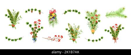 Set aquarelle avec bouquets du nouvel an. Bouquets de branches de sapin, avec baies rouges sur une branche. Tranches d'orange, cônes sur une branche, arcs. Noël. Banque D'Images