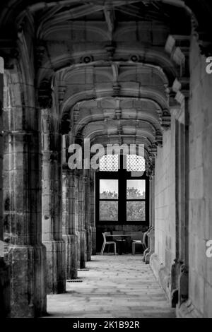 Image verticale en niveaux de gris d'un couloir à l'extérieur du bâtiment Banque D'Images