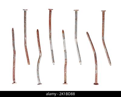 Jeu de vieux clous rouillés usagés isolés sur fond blanc Banque D'Images