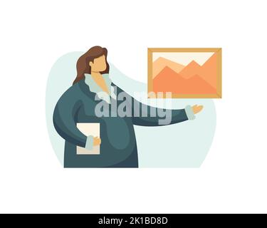 Illustration vectorielle d'une fille de critique d'art à la peinture. Profession. Histoire de l'art. Style plat Illustration de Vecteur