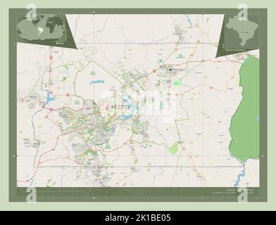 District fédéral de Distrito, district fédéral du Brésil. Ouvrez la carte des rues. Lieux et noms des principales villes de la région. Cartes d'emplacement auxiliaire d'angle Banque D'Images