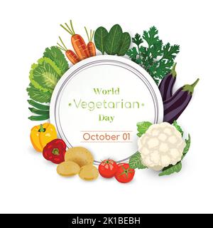 01 octobre de la Journée mondiale de la végétarienne Illustration vectorielle de l'affiche. Design de fond bio et vert de nourriture de régime. Produit naturel sain Vegan Nutrition Illustration de Vecteur