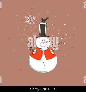 Dessin à la main vecteur abstrait amusant Joyeux Noël et joyeux nouvel an dessin animé illustration carte de voeux avec bonhomme de neige de Noël et confetti isolés dessus Illustration de Vecteur