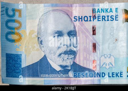 Portrait of first Prime Minister of Albania on Albanian 500 leke banknote. Stock Photo