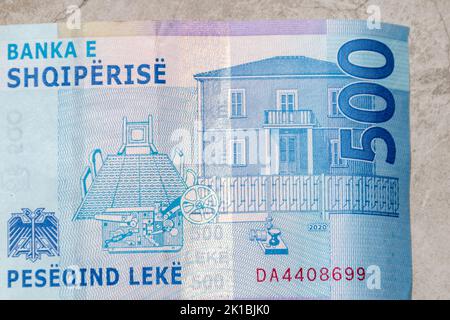 L'indépendance de Vlore sur le billet de 500 leke albanais. Banque D'Images