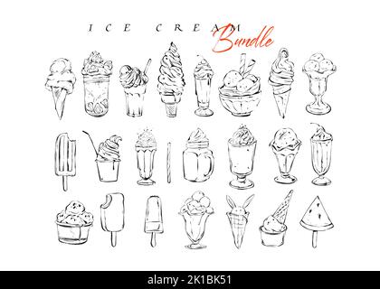 Dessin à la main graphique vectoriel texturé menu artistique collection d'encres croquis illustrations dessin bundle de crème glacée et desserts doux cocktails Illustration de Vecteur