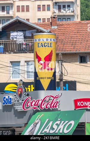 Pristina, Kosovo - June 5, 2022: Big advertising can of Golden Eagle energy drink. Stock Photo