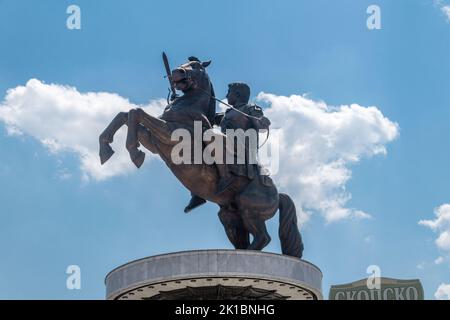 Skopje, North Macedonia - June 5, 2022: Equestrian statue of Alexander the Great in Skopje, North Macedonia. Stock Photo