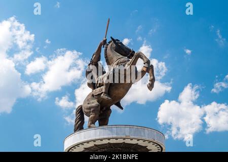 Skopje, North Macedonia - June 5, 2022: Equestrian statue of Alexander the Great in Skopje, North Macedonia. Stock Photo