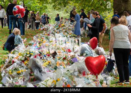 Les gens qui lisent des messages avec des fleurs dans Green Park à la suite du décès de la reine Elizabeth II Bouquets avec emballage en plastique disposés dans le parc Banque D'Images