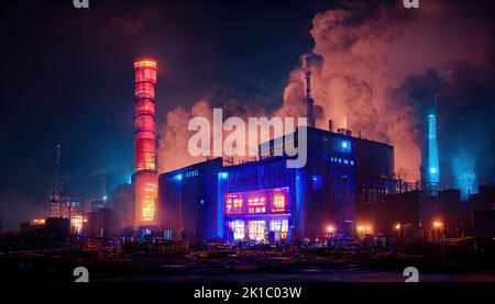 Une usine de produits chimiques aux lumières vives est représentée la nuit, avec des lumières au néon colorées. L'industrie chimique de représentation, une raffinerie de pétrole. 3D Banque D'Images