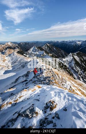 Deux alpinistes sur l'étroite crête rocheuse enneigée de l'Ammergauer Hochplatte, vue vers Loesertaljoch, vue sur la montagne, randonnée jusqu'à la Banque D'Images