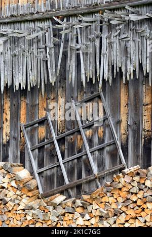 Mur de hangar avec des cavaliers de foin suspendu (Heinzen) et bois de chauffage empilé, Allgaeu, Bavière, Allemagne Banque D'Images