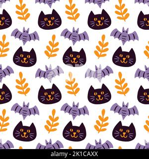 Halloween Black chats, Bats Silhouettes, Vector Seamless Pattern texture. Dessin dessiné à la main pour les vêtements de bébé, le textile de pépinière, le papier d'emballage pour enfants. HAL Illustration de Vecteur