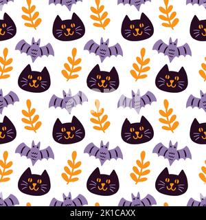 Halloween Black chats, Bats Silhouettes, Vector Seamless Pattern texture. Dessin dessiné à la main pour les vêtements de bébé, le textile de pépinière, le papier d'emballage pour enfants. HAL Illustration de Vecteur