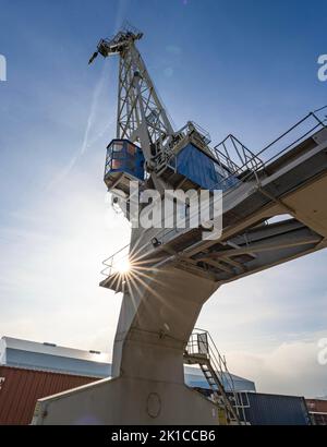 Grue de chargement avec étoile au soleil dans le port de Karlsruhe, Allemagne Banque D'Images