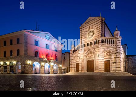 Cathédrale illuminée, Duomo San Lorenzo, à gauche l'hôtel de ville de Grosseto, l'aube, heure bleue, Grosseto, Toscane, Italie Banque D'Images