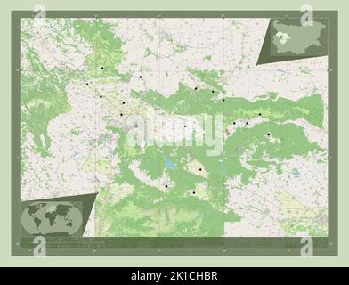 Sofia, province de Bulgarie. Ouvrez la carte des rues. Lieux des principales villes de la région. Cartes d'emplacement auxiliaire d'angle Banque D'Images