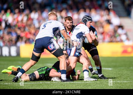 LONDRES, ROYAUME-UNI. 17th septembre 2022. Tom Woolsterscroft de Saracens lors du match de rugby Gallagher First ership Round 2 entre Harlequins et Saracens au stade Twickenham Stoop, le samedi 17 septembre 2022. LONDRES, ANGLETERRE. Credit: Taka G Wu/Alay Live News Banque D'Images