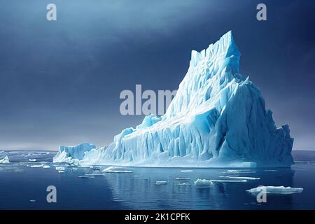 Un iceberg flotte dans l'océan Arctique à l'aube en raison du changement climatique et de la fonte des glaciers. 3D illustration et aquarelle numérique Banque D'Images