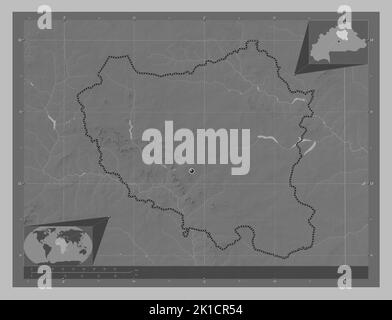 Centre-Nord, région du Burkina Faso. Carte d'altitude en niveaux de gris avec lacs et rivières. Cartes d'emplacement auxiliaire d'angle Banque D'Images