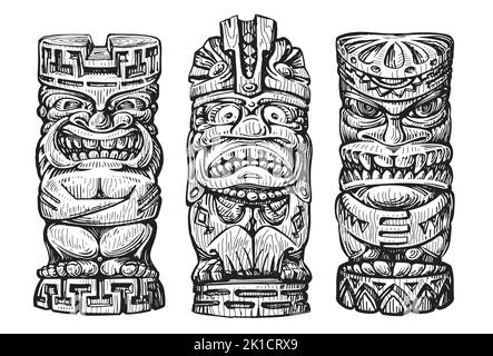 Croquis de masques tiki en bois d'Hawaï. Idole ethnique traditionnelle hawaïenne ou maorie. Totem tribal polynésien Illustration de Vecteur