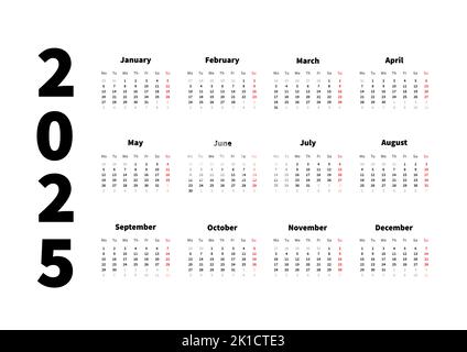 calendrier horizontal simple de 2025 ans en anglais, calendrier typographique sur blanc Illustration de Vecteur