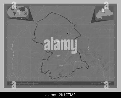 Nord, région du Burkina Faso. Carte d'altitude en niveaux de gris avec lacs et rivières. Lieux et noms des principales villes de la région. Emplacement auxiliaire d'angle Banque D'Images