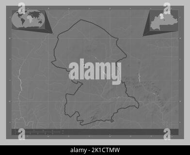 Nord, région du Burkina Faso. Carte d'altitude en niveaux de gris avec lacs et rivières. Cartes d'emplacement auxiliaire d'angle Banque D'Images