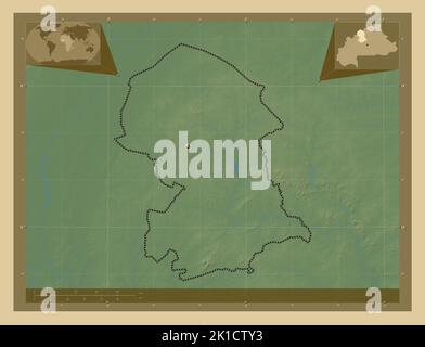 Nord, région du Burkina Faso. Carte d'altitude en couleur avec lacs et rivières. Cartes d'emplacement auxiliaire d'angle Banque D'Images