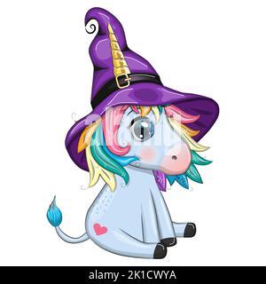 Mignon dessin animé unicorn en chapeau de sorcière violet, avec citrouilles, potion ou balai, personnage de vacances d'Halloween, bannière Illustration de Vecteur
