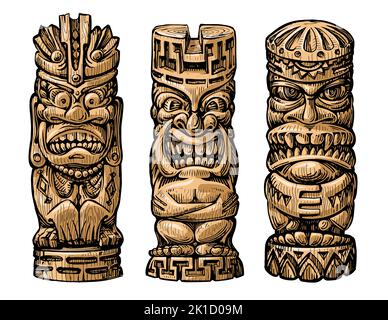 Ensemble de masques en bois tribal Tiki. Éléments traditionnels hawaïens isolés sur fond blanc. Illustration vectorielle colorée Illustration de Vecteur