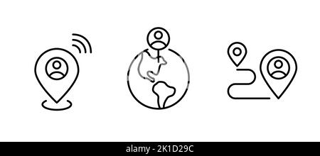 Ensemble de pointeurs de carte indiquant l'emplacement de l'appareil personnel. Epingler le globe terrestre et le suivi de trajectoire. Icônes Pixel Perfect Line Illustration de Vecteur