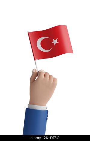 Main de dessin animé avec le drapeau de la Turquie isolé sur fond blanc. 3d illustration. Banque D'Images