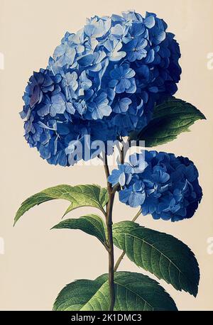 Les belles fleurs de la fleur d'hortensia bleue avec des feuilles vertes sur fond crème. Illustration artistique. Banque D'Images