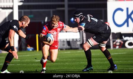 17th septembre 2022; Parc y Scarlets, Llanelli, Carmarthenshire, pays de Galles: Championnat de rugby unifié; Scarlets contre Ospreys: Alyn Wyn Jones et Adam Beard stop Sam Costelow Banque D'Images