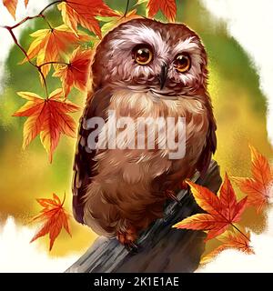 joli dessin hibou avec feuilles d'érable en automne Banque D'Images