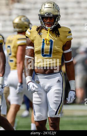 Atlanta, Géorgie. 17th septembre 2022. Myles Sims de Georgia Tech (0) avant le match de football de la NCAA avec les Georgia Tech Yellow Jackets et les Ole Miss Rebels, joué au Bobby Dodd Stadium sur le campus de Georgia Tech à Atlanta, en Géorgie. OLE Miss ferme les vestes jaunes, 42-0. Cecil Copeland/CSM/Alay Live News Banque D'Images