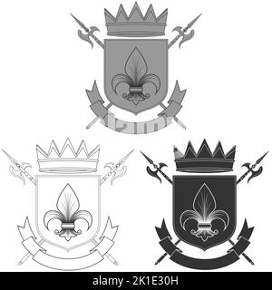 Motif vectoriel de bouclier héraldique du Moyen âge, blason avec fleur de lis, symbole héraldique, halberd, couronne et ruban Illustration de Vecteur