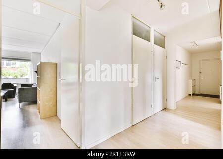 Intérieur d'un appartement contemporain de style minimaliste avec un couloir spacieux avec des murs blancs Banque D'Images