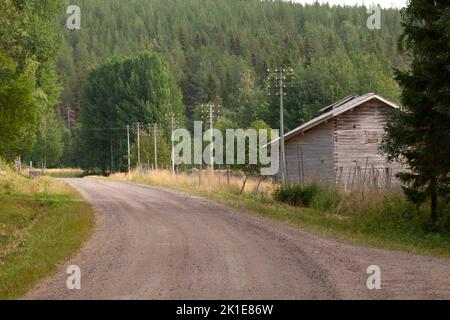 Une route de gravier à côté des lignes électriques. Grange en bois à droite. Forêt en arrière-plan. Banque D'Images