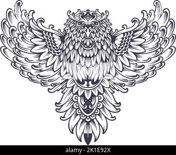 Flying Owl fleurissent ornement silhouette vecteur illustrations pour votre logo de travail, t-shirt de marchandise, autocollants et dessins d'étiquette, affiche, salutation Illustration de Vecteur