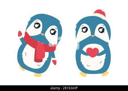 Manchot dans des moufles et un chapeau rouges. Adorable personnage de pingouin de Noël. Illustration vectorielle isolée sur fond blanc Illustration de Vecteur