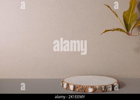 Scène minimale abstraite avec formes géométriques. Podium cylindrique en bois. Présentation du produit, maquette, présentation du produit cosmétique, podium, socle de scène o Banque D'Images