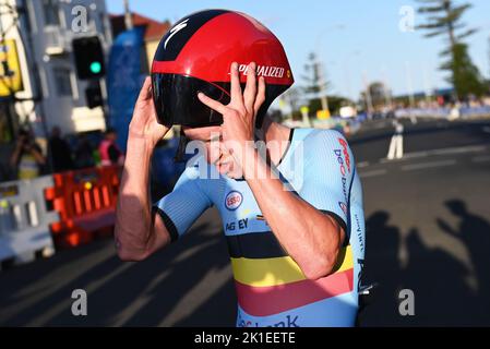 Wollongong, Australie. 18th septembre 2022. Belge Remco Evenepoel à la fin du procès individuel d'élite d'hommes aux Championnats du monde de route UCI Cycling 2022, à Wollongong, Australie, dimanche 18 septembre 2022. Les mondes se déroulent du 18 au 25 septembre. BELGA PHOTO DIRK WAEM crédit: Belga News Agency/Alay Live News Banque D'Images