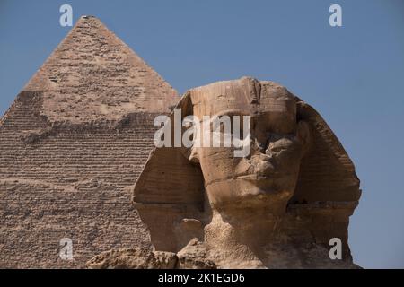 Vue de face de la Grande Sphinx de Gizeh et de la Grande Pyramide en Égypte sous un ciel bleu Banque D'Images
