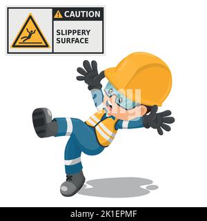 Avertissement de danger de surface glissante pour les travailleurs industriels. Icône de mise en garde et pictogramme. Accident de travail. Travailleur avec un équipement de protection individuelle. IND Illustration de Vecteur