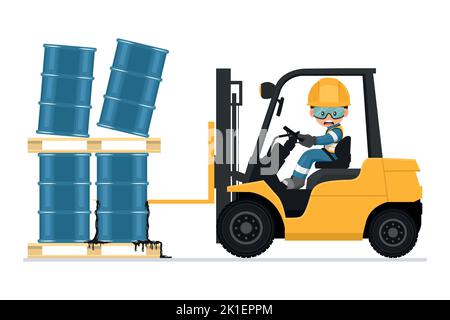 Accident du chariot élévateur. Chariot élévateur heurtant le baril d'huile hydraulique ou de pétrole, matériaux toxiques. Sécurité de conduite du chariot élévateur. La sécurité avant tout. Industriel Illustration de Vecteur