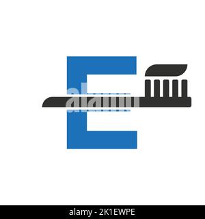 Logo dentaire lettre E initial combiné au modèle de symbole de brosse à dents Illustration de Vecteur